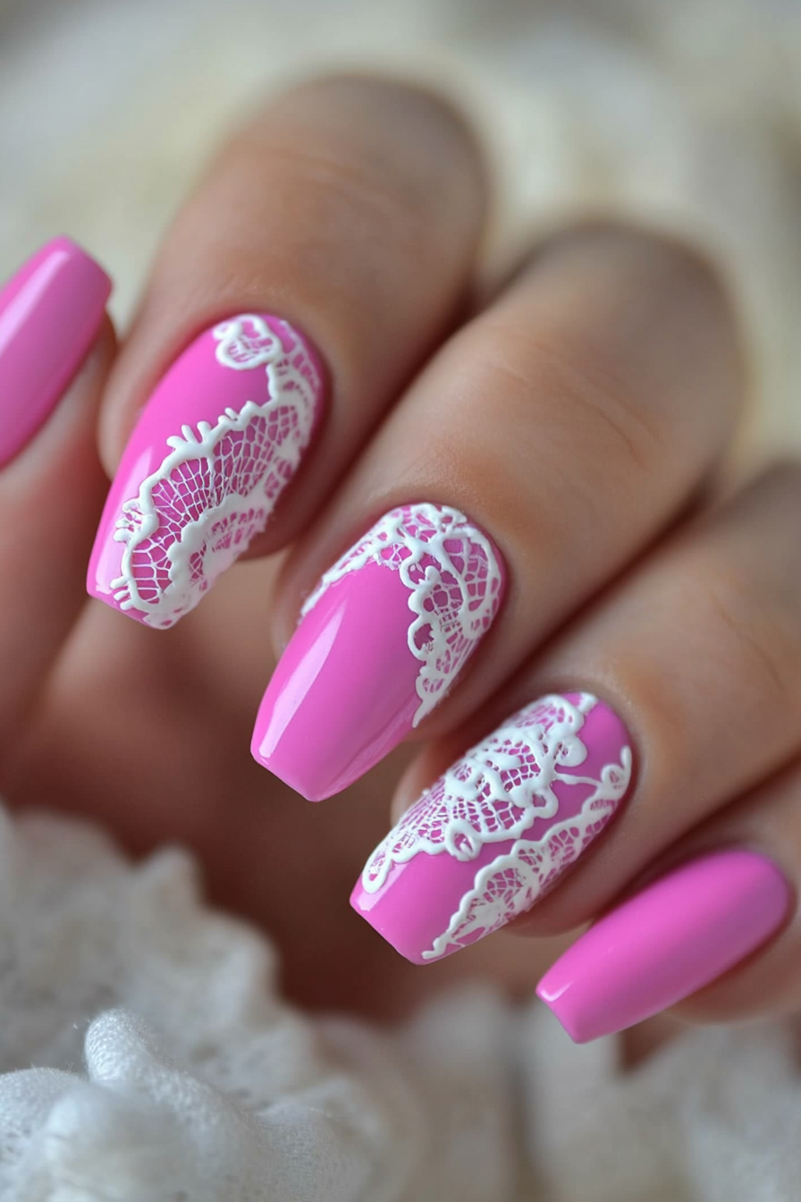 26. Lace Affair (Hot Pink Nail Design Ideas) - Hot Pink Nail Design Ideas