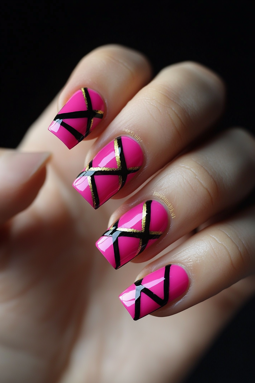 8. Geometric Pink (Hot Pink Nail Design Ideas) - Hot Pink Nail Design Ideas