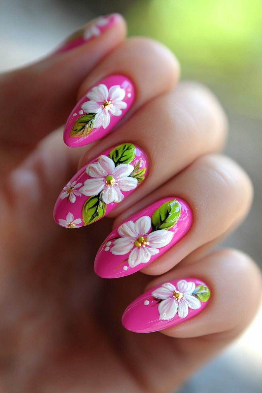 13. Floral Fantasy (Hot Pink Nail Design Ideas) - Hot Pink Nail Design Ideas