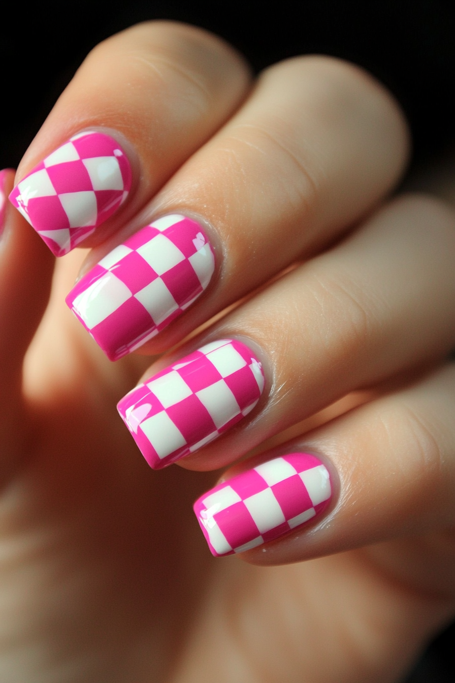 18. Checkerboard Chic (Hot Pink Nail Design Ideas) - Hot Pink Nail Design Ideas