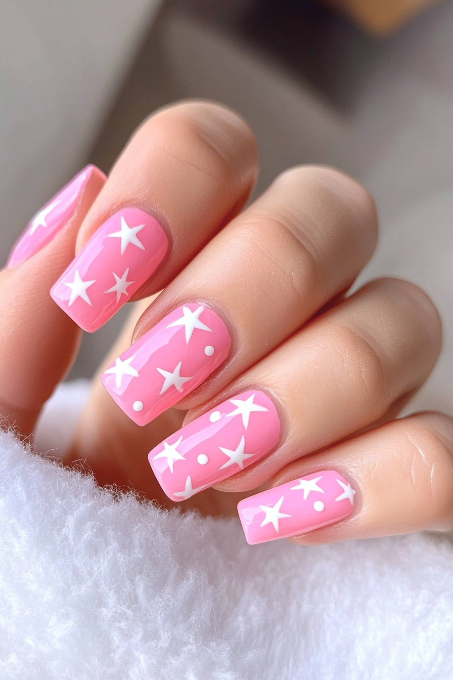 9. Pastel Pink with White Stars (Pink And White Nail Design Ideas) - Pink And White Nail Design Ideas