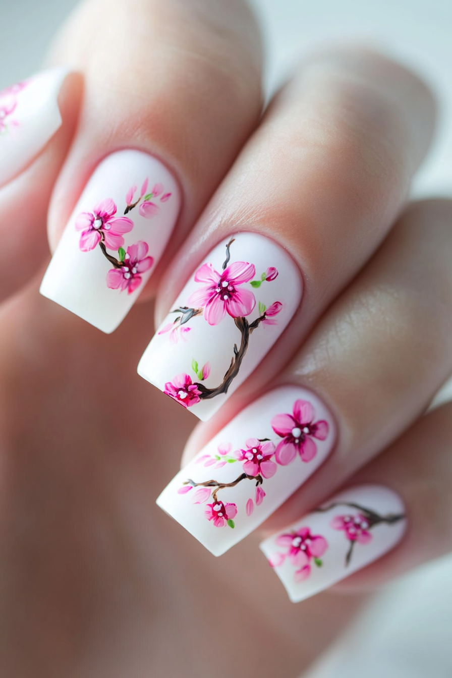 12. White Base with Pink Flowers (Pink And White Nail Design Ideas) - Pink And White Nail Design Ideas