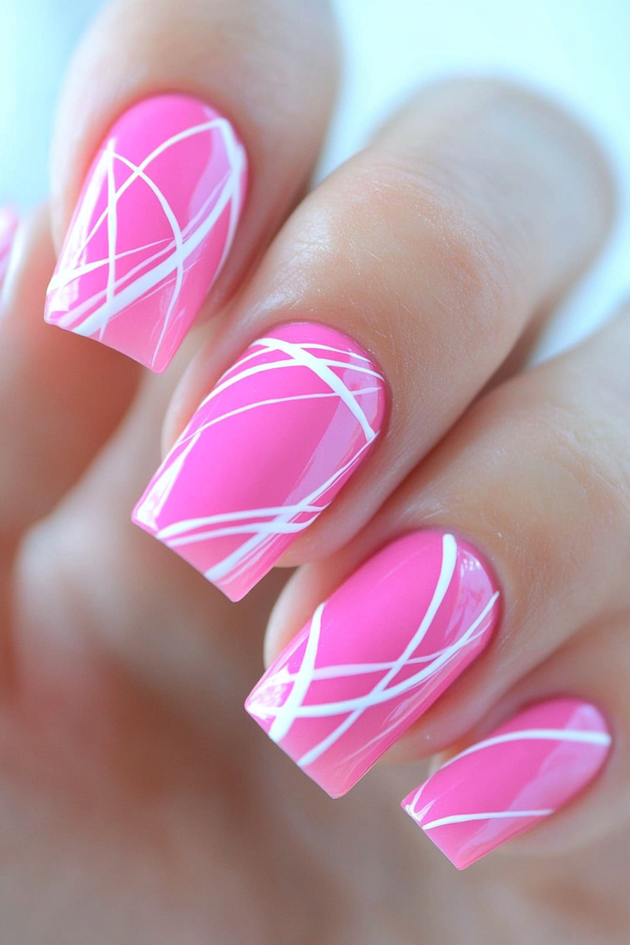13. Abstract Pink and White Lines (Pink And White Nail Design Ideas) - Pink And White Nail Design Ideas