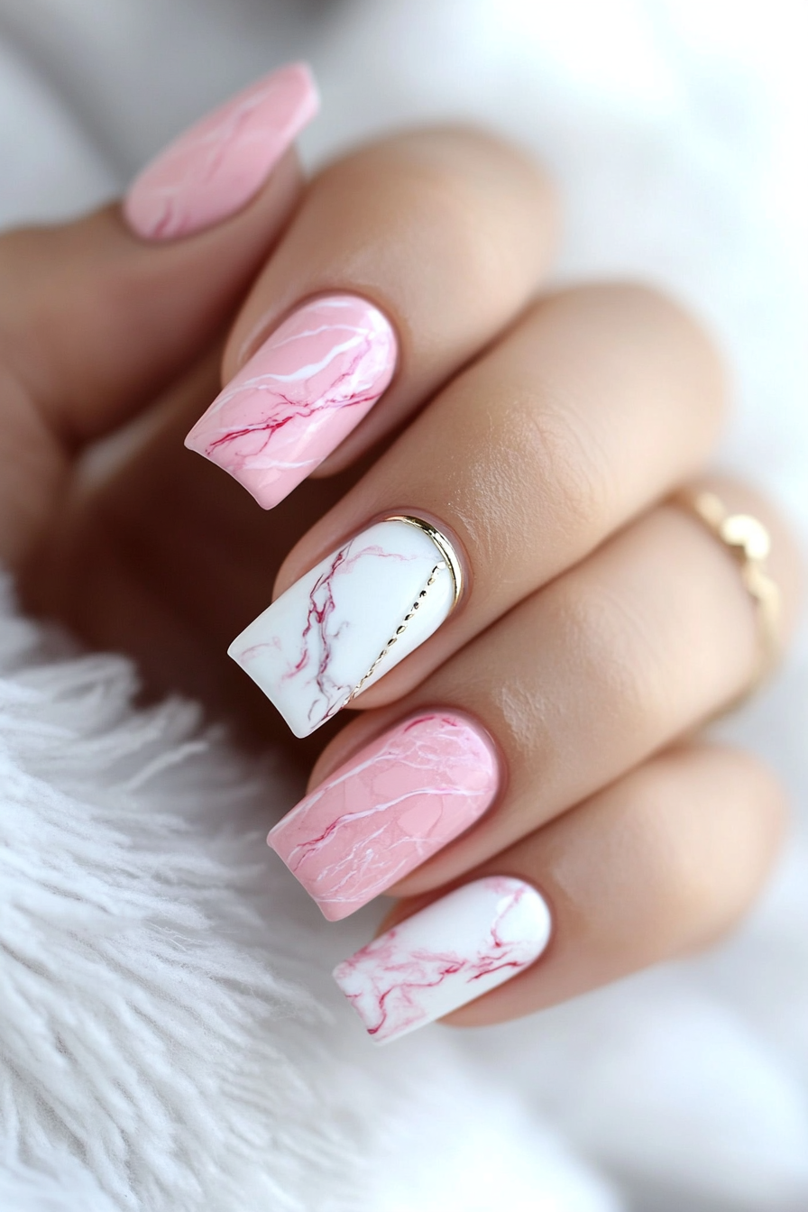14. Pink Marble Accent Nails (Pink And White Nail Design Ideas) - Pink And White Nail Design Ideas