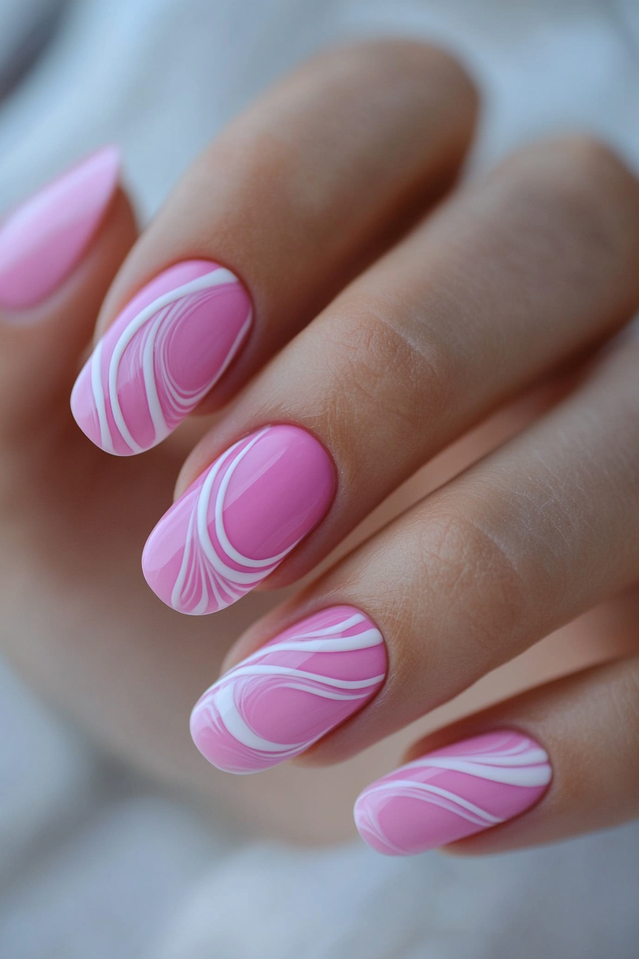 15. Light Pink with White Waves (Pink And White Nail Design Ideas) - Pink And White Nail Design Ideas