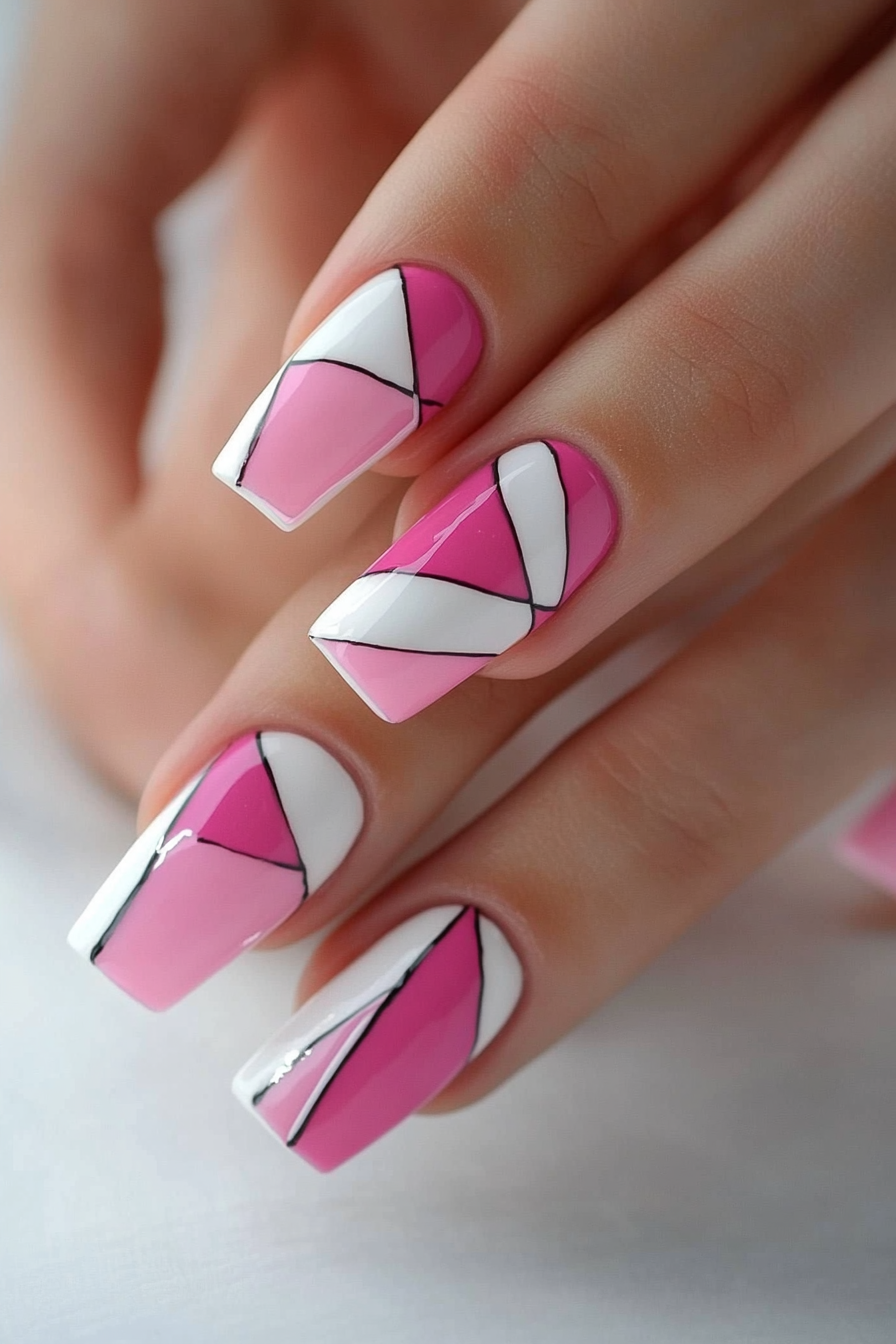 16. Polished Pink and White Geometrics (Pink And White Nail Design Ideas) - Pink And White Nail Design Ideas