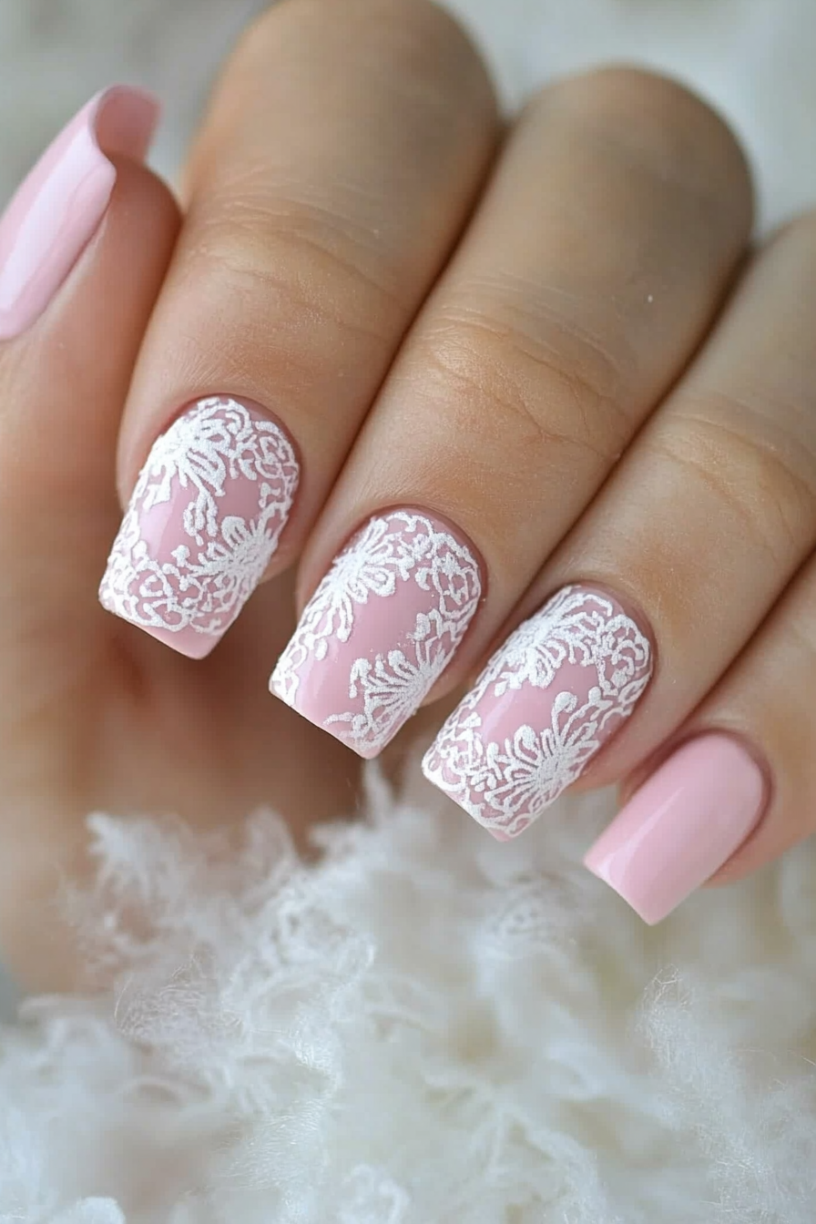 17. Soft Pink Base with White Lace (Pink And White Nail Design Ideas) - Pink And White Nail Design Ideas