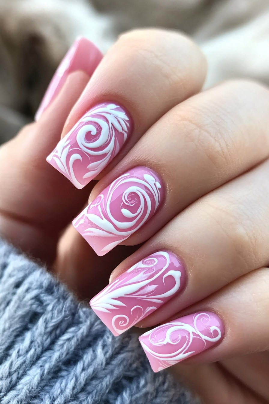 19. Frosted Pink and White Swirls (Pink And White Nail Design Ideas) - Pink And White Nail Design Ideas
