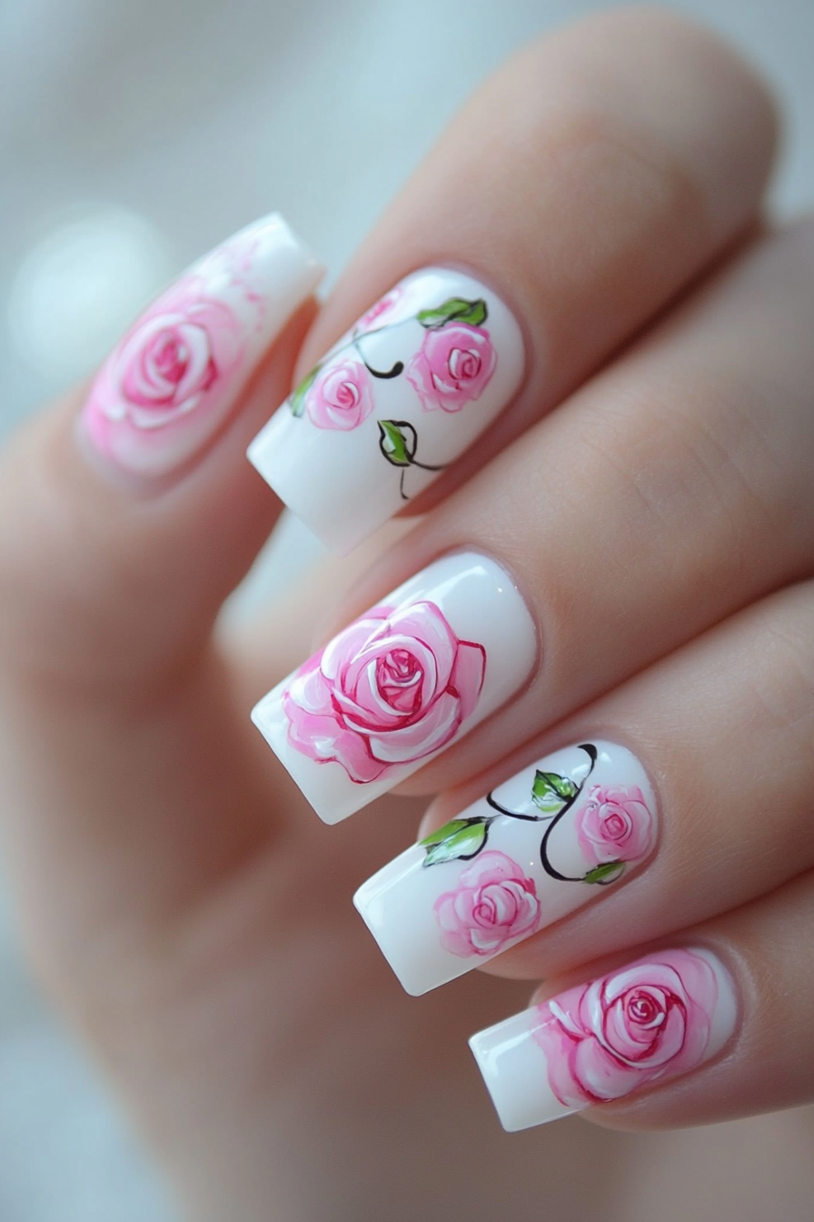 20. White Tips with Pink Rose Design (Pink And White Nail Design Ideas) - Pink And White Nail Design Ideas