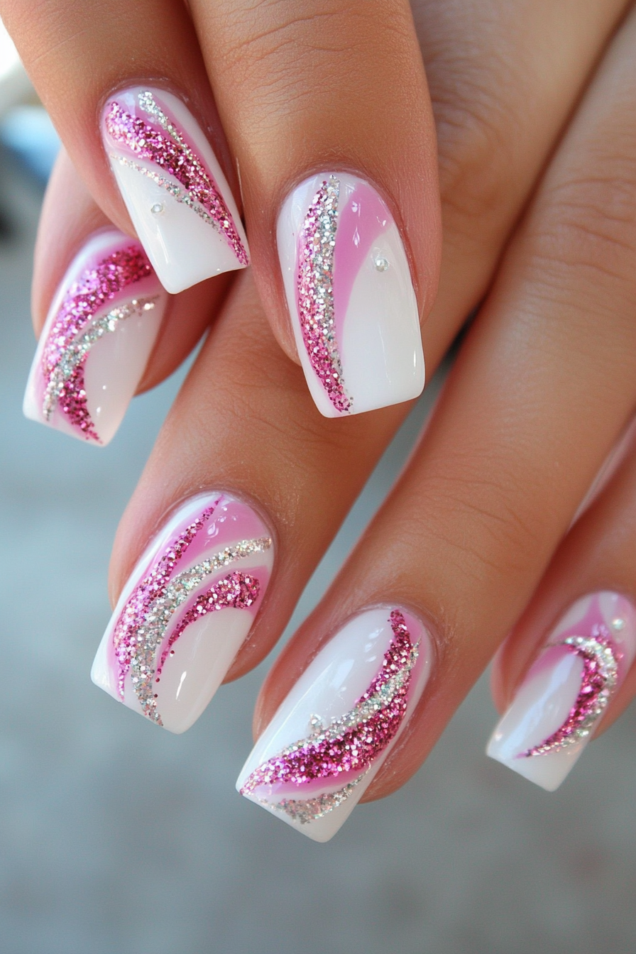 23. Polished White with Pink Glitter Tips (Pink And White Nail Design Ideas) - Pink And White Nail Design Ideas