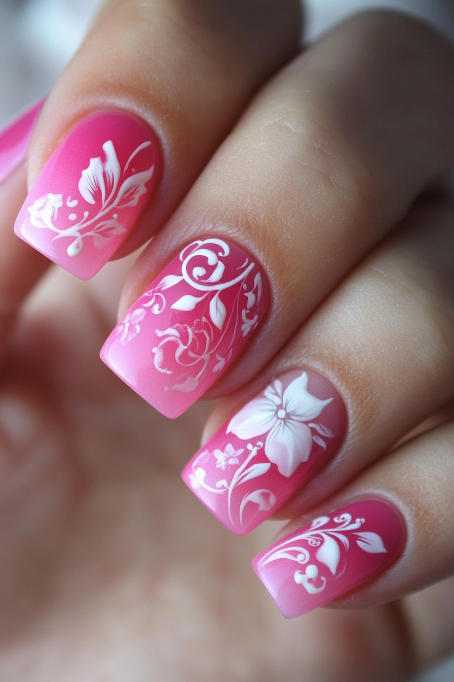 24. Pink Ombre with White Flowers (Pink And White Nail Design Ideas) - Pink And White Nail Design Ideas