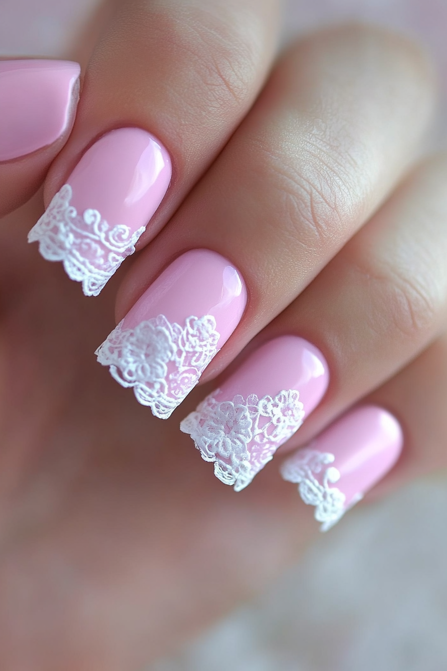 26. Soft Pink with White Lace Accent (Pink And White Nail Design Ideas) - Pink And White Nail Design Ideas