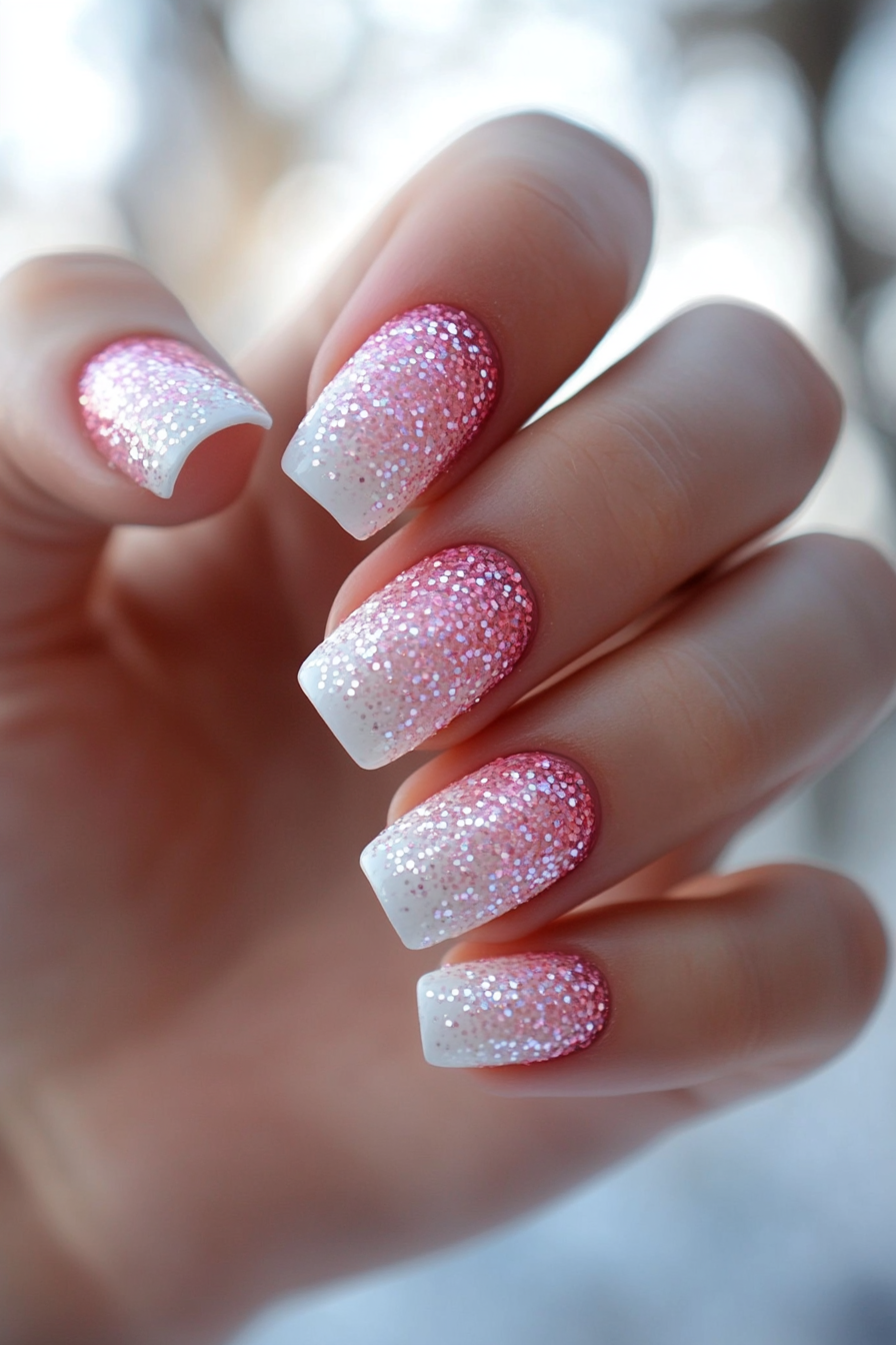 27. Glittery White with Pink Shimmer (Pink And White Nail Design Ideas) - Pink And White Nail Design Ideas
