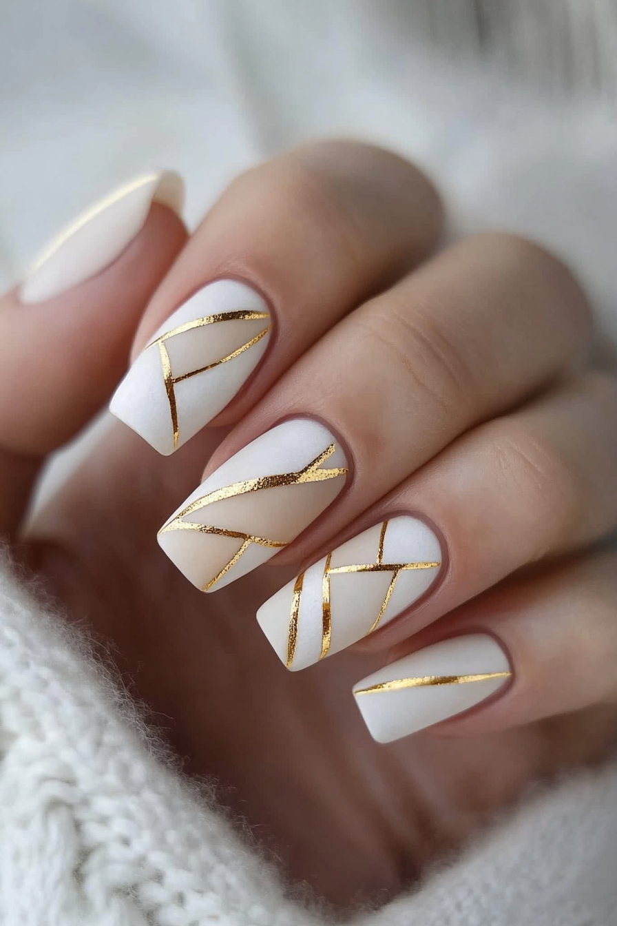 16. Geometric Gold Lines (Pretty Nail Design Ideas) - Pretty Nail Design Ideas