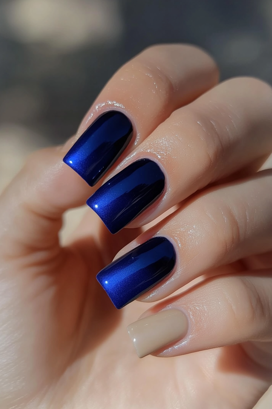 23. Cobalt Blue & Beige Contrast (Pretty Nail Design Ideas) - Pretty Nail Design Ideas