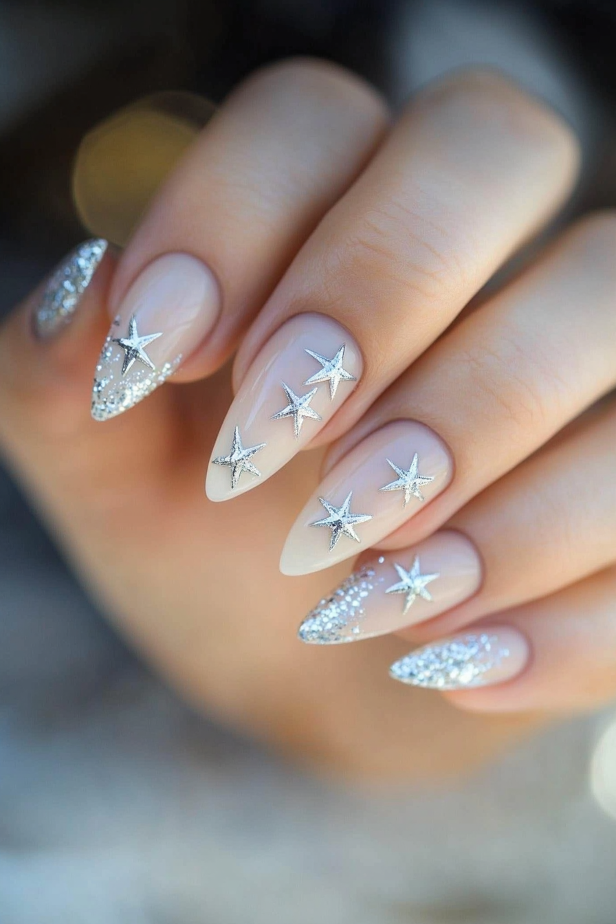 25. Light Beige with Silver Stars (Pretty Nail Design Ideas) - Pretty Nail Design Ideas