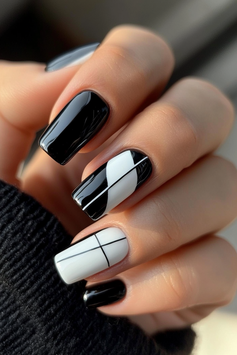 6. Bold Black and White (Square Nail Design Ideas) - Square Nail Design Ideas