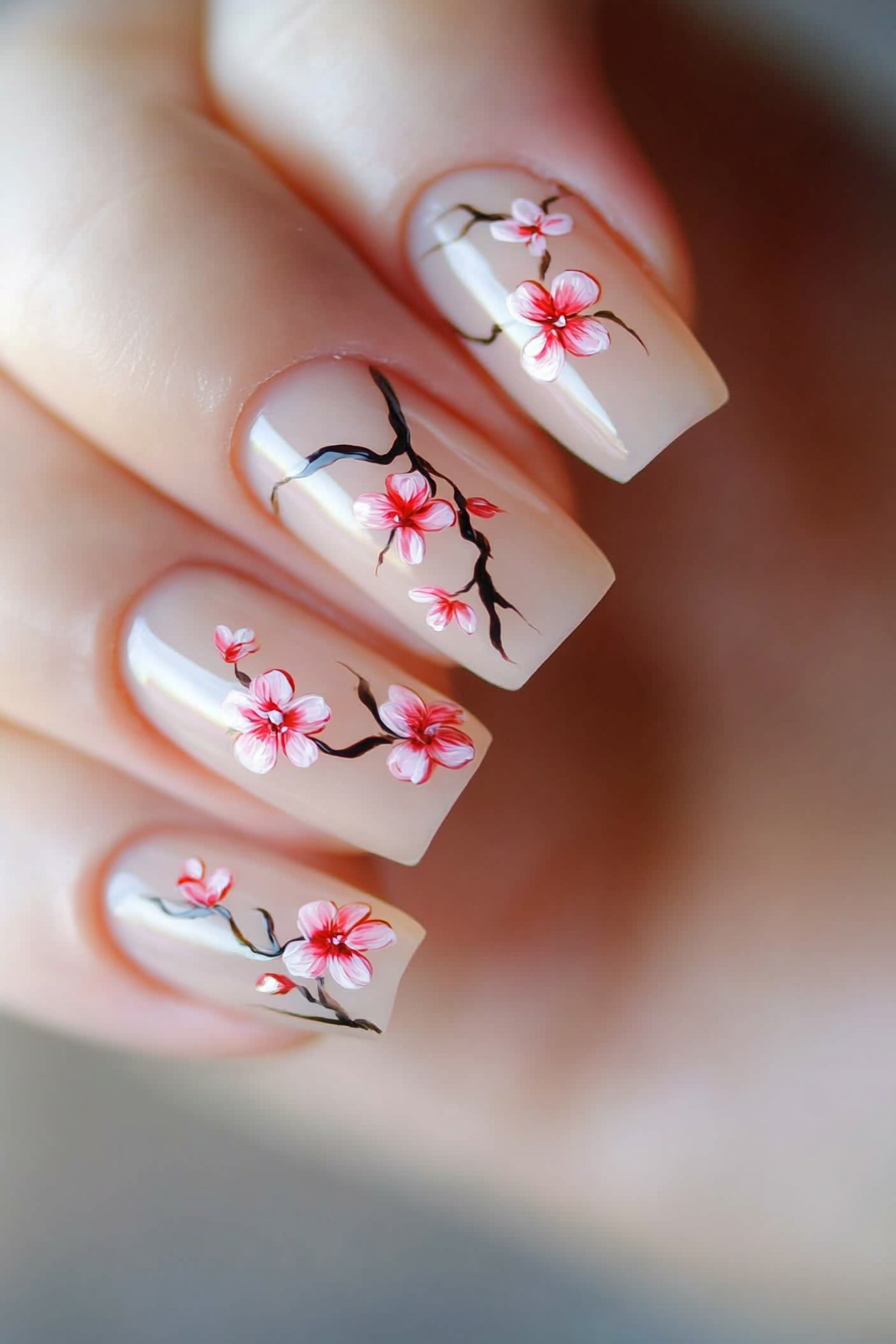 23. Cherry Blossom Bliss (Square Nail Design Ideas) - Square Nail Design Ideas