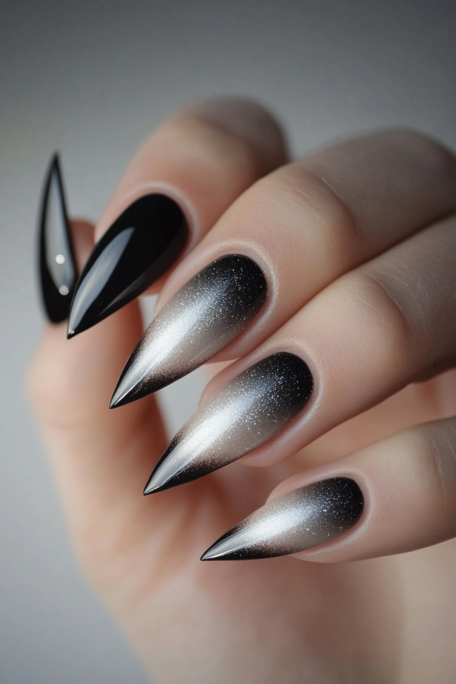 2. Ombre Black and Silver (Stiletto Nail Design Ideas) - Stiletto Nail Design Ideas