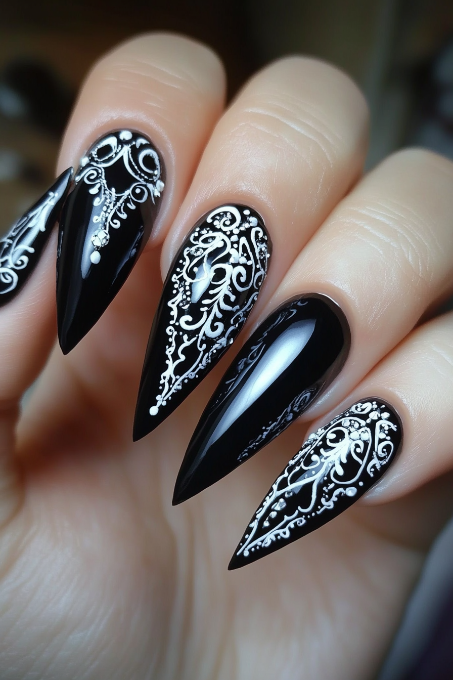 6. Black Lace Design (Stiletto Nail Design Ideas) - Stiletto Nail Design Ideas