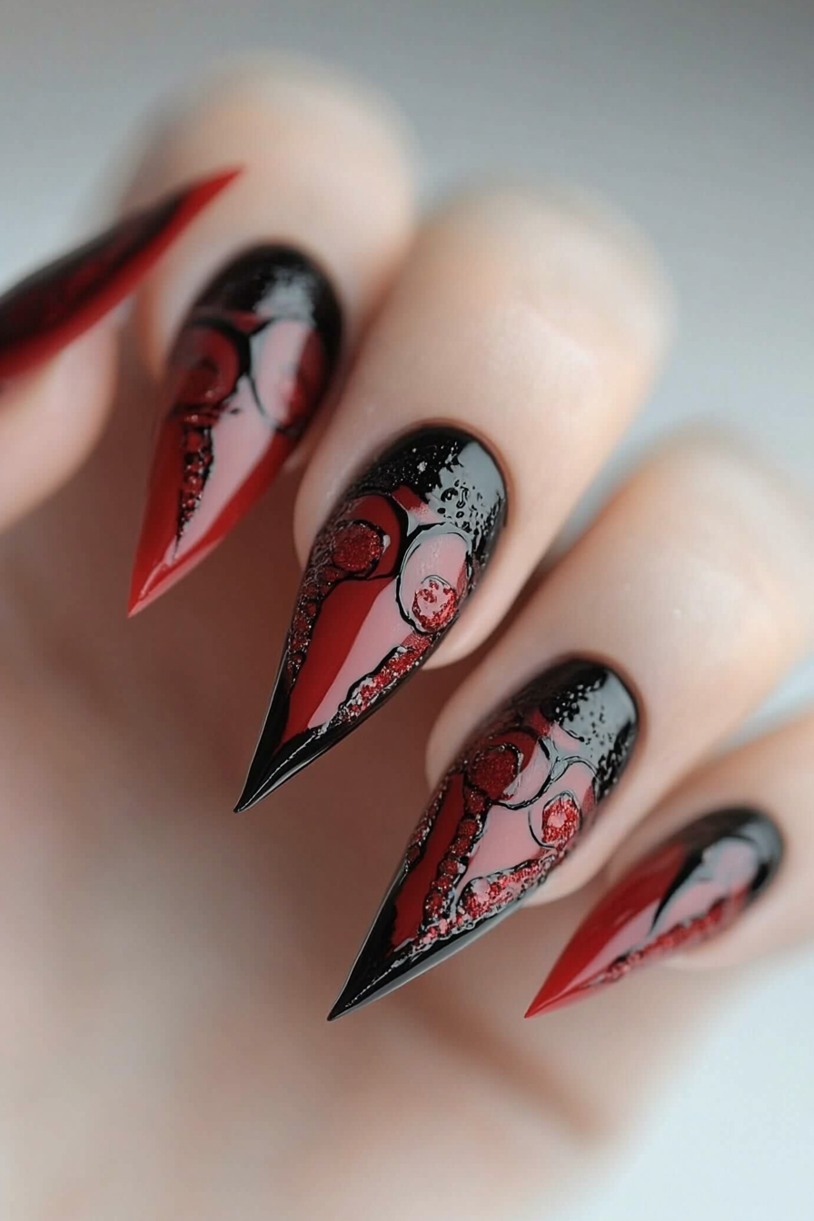 10. Dark Red with Black Detailing (Stiletto Nail Design Ideas) - Stiletto Nail Design Ideas