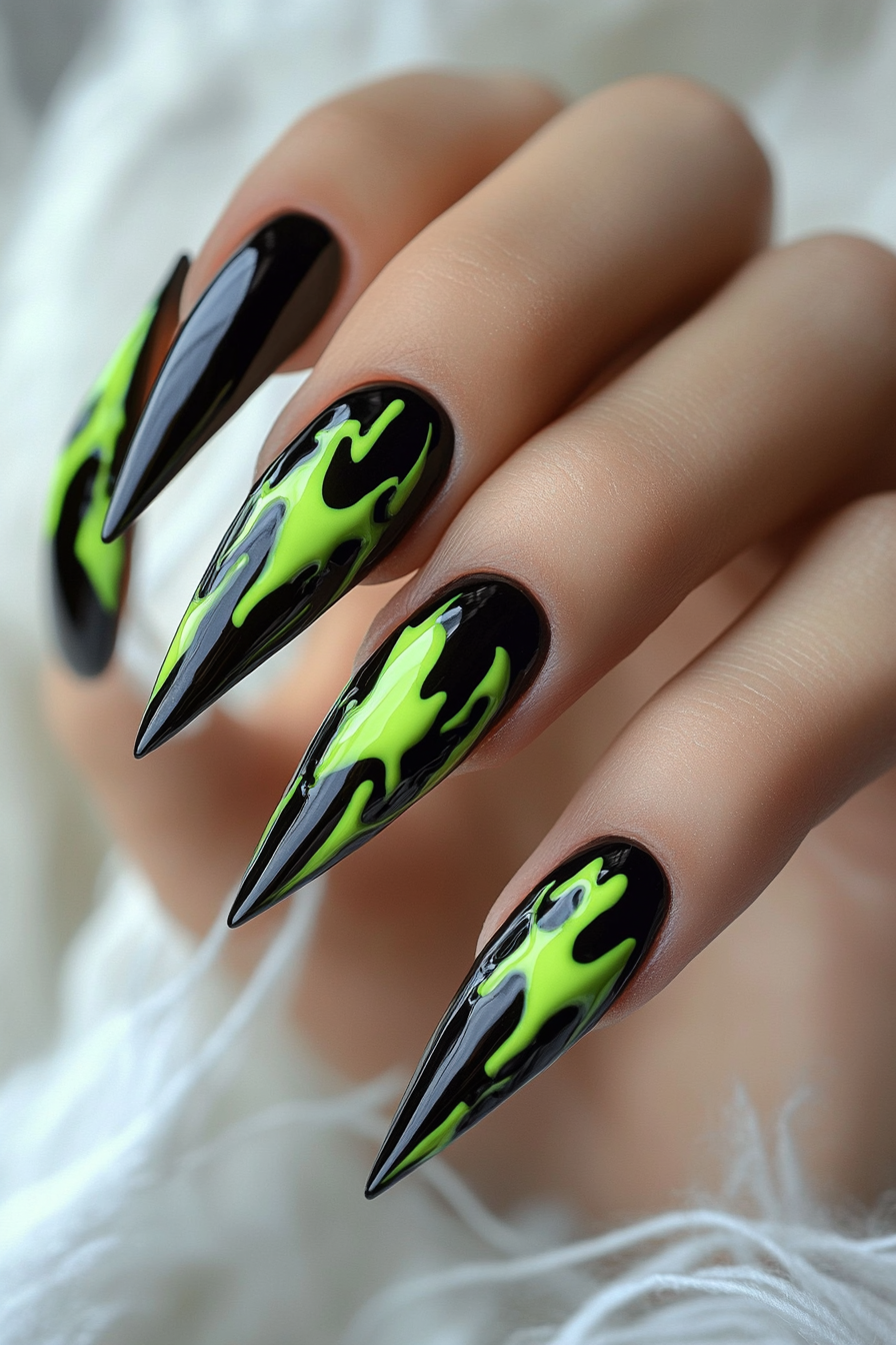 11. Neon Green Accents (Stiletto Nail Design Ideas) - Stiletto Nail Design Ideas