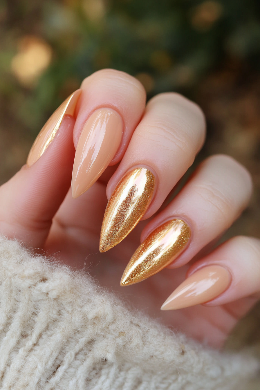 13. Peach with Gold Foil (Stiletto Nail Design Ideas) - Stiletto Nail Design Ideas