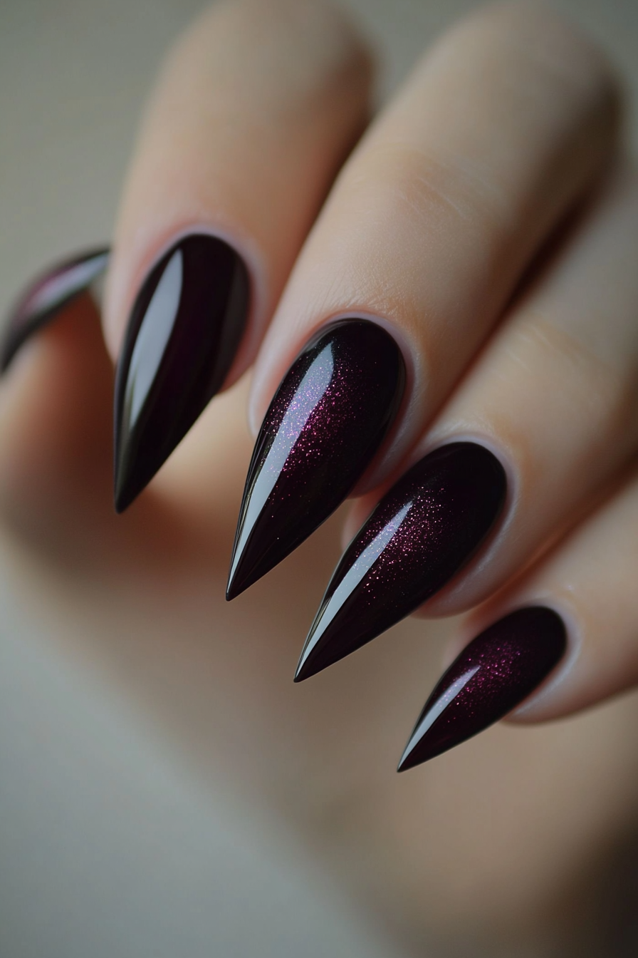 14. Dark Plum with Glossy Tips (Stiletto Nail Design Ideas) - Stiletto Nail Design Ideas