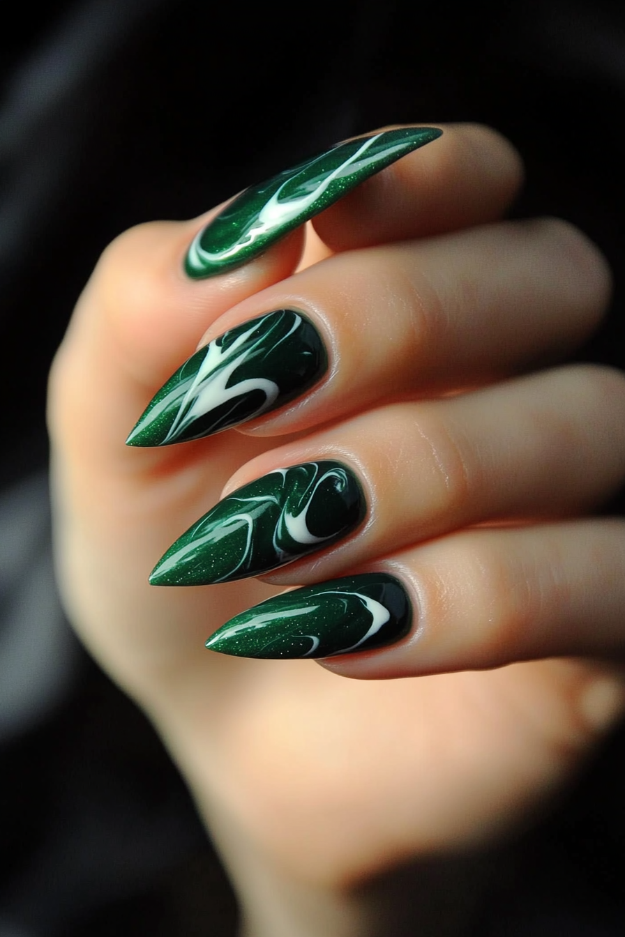 16. Emerald Green with Marble Swirls (Stiletto Nail Design Ideas) - Stiletto Nail Design Ideas