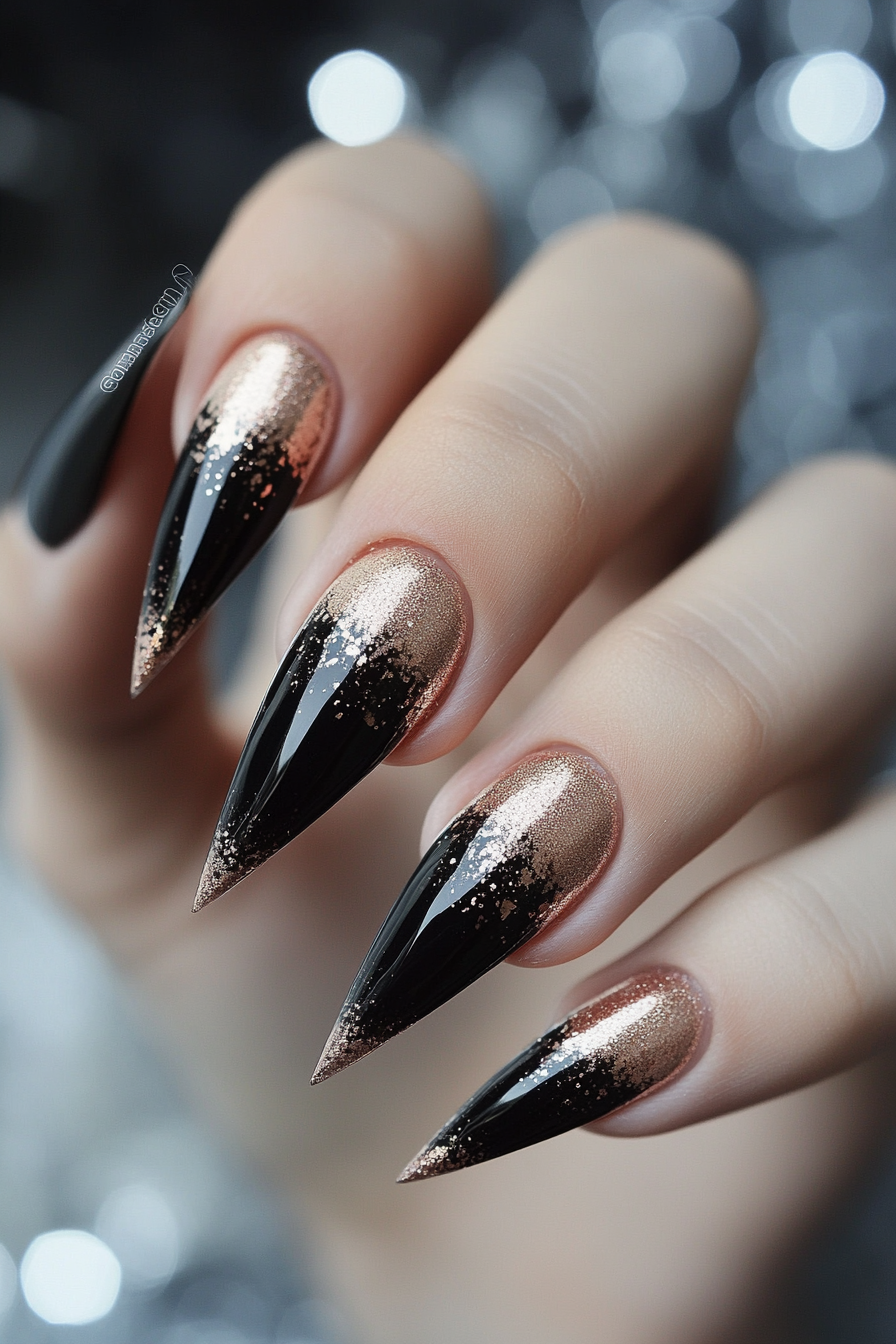 17. Rose Gold and Black (Stiletto Nail Design Ideas) - Stiletto Nail Design Ideas