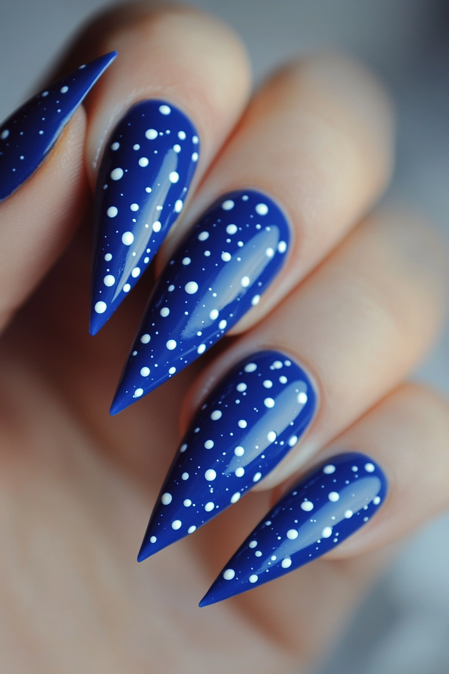 18. Cobalt Blue with White Dots (Stiletto Nail Design Ideas) - Stiletto Nail Design Ideas
