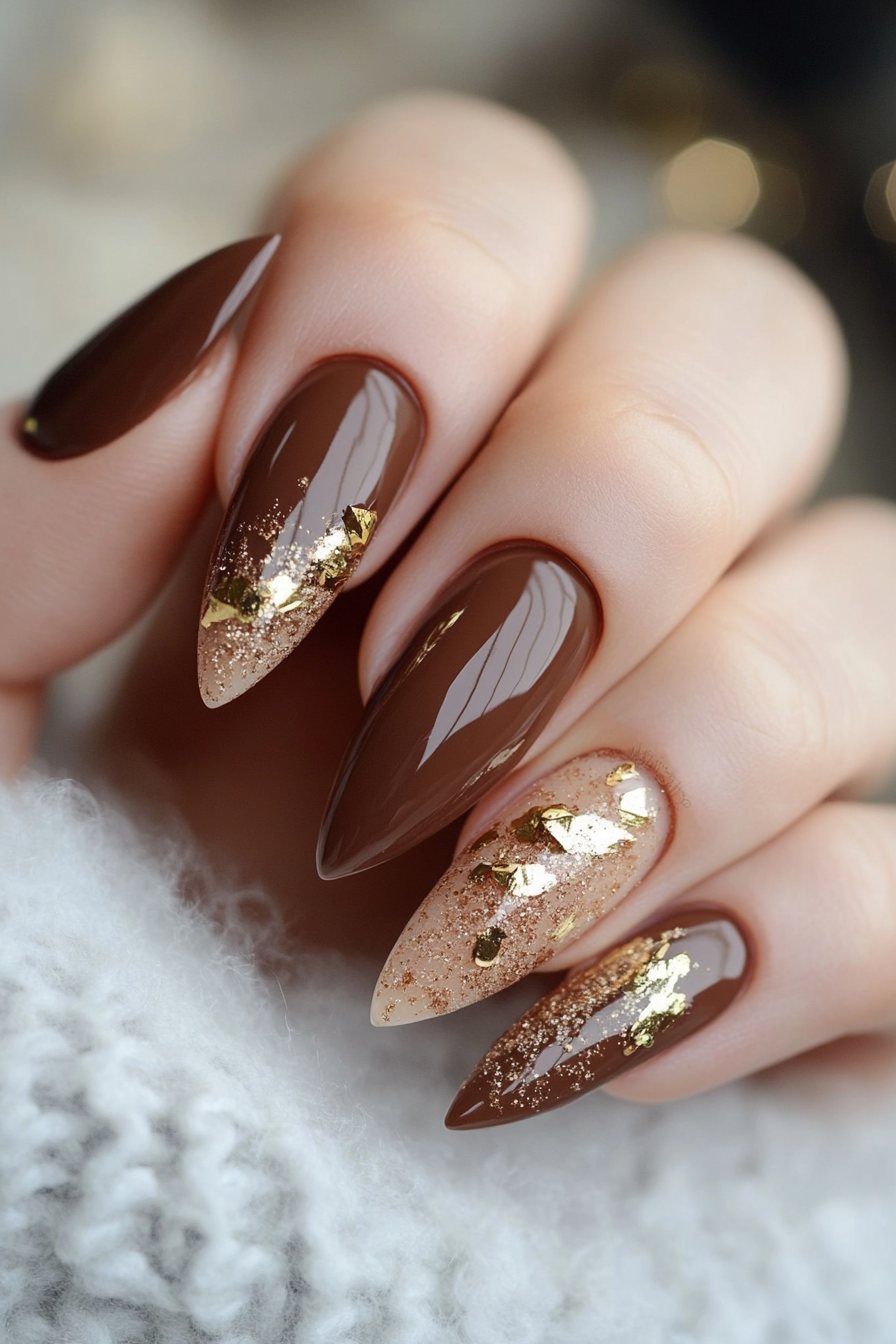 20. Cinnamon Brown with Gold Details (Stiletto Nail Design Ideas) - Stiletto Nail Design Ideas