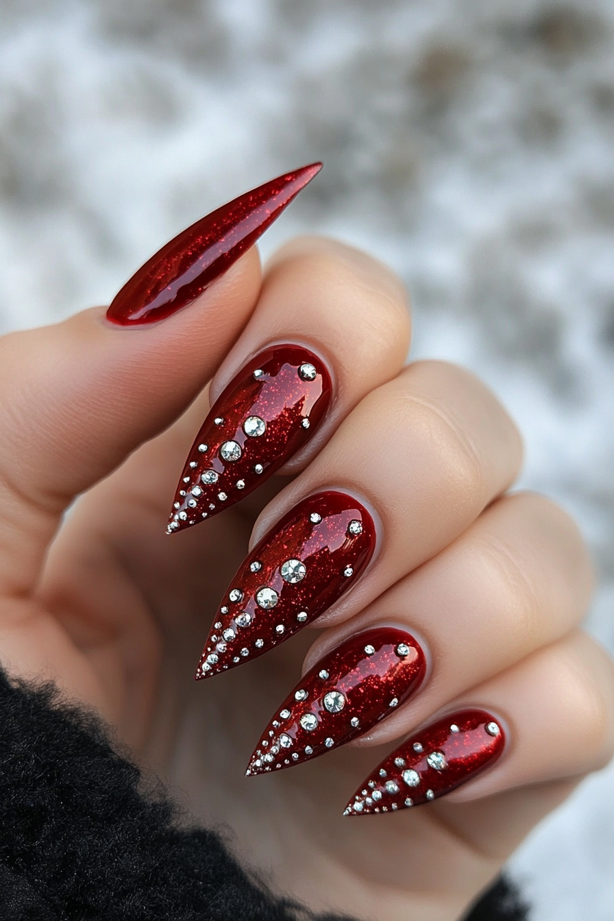 21. Crimson Red with Silver Studs (Stiletto Nail Design Ideas) - Stiletto Nail Design Ideas