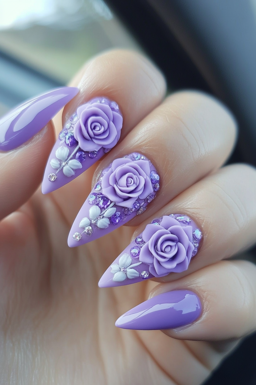 23. Lavender with 3D Flowers (Stiletto Nail Design Ideas) - Stiletto Nail Design Ideas