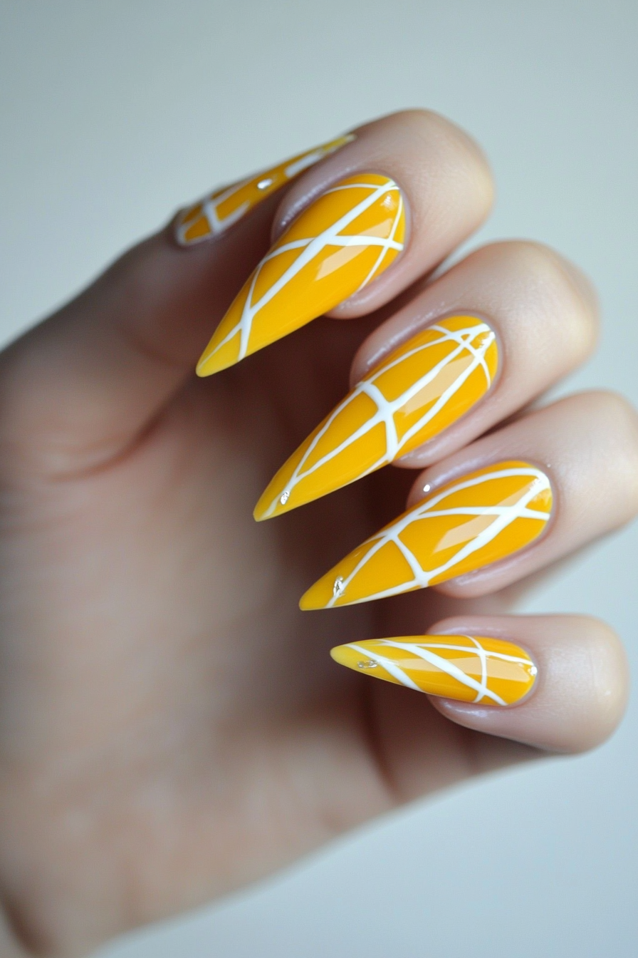 24. Electric Yellow with White Lines (Stiletto Nail Design Ideas) - Stiletto Nail Design Ideas