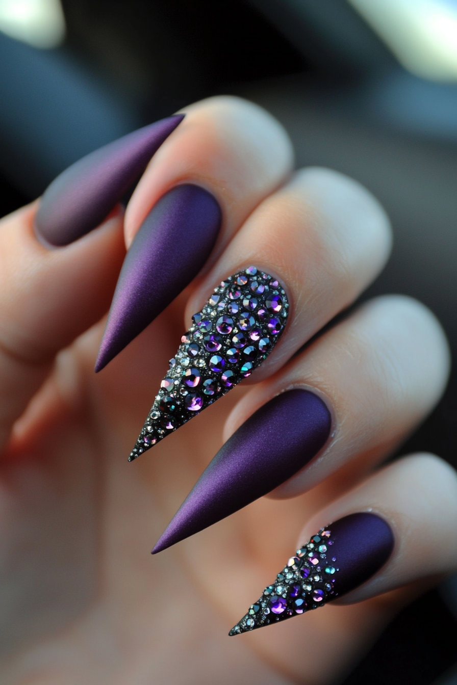 26. Violet with Rhinestone Tips (Stiletto Nail Design Ideas) - Stiletto Nail Design Ideas