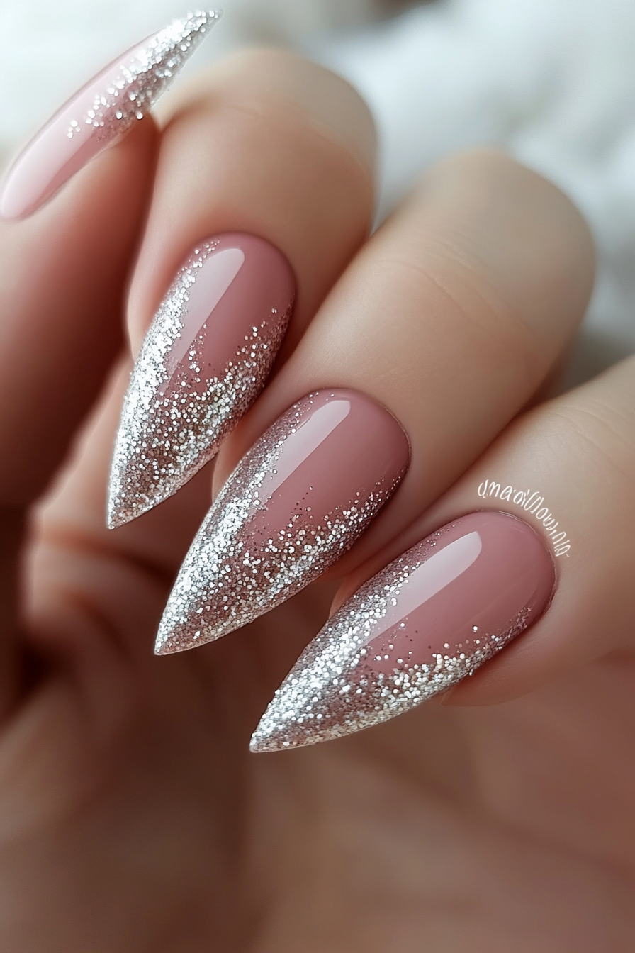 27. Blush Pink with Silver Glitter (Stiletto Nail Design Ideas) - Stiletto Nail Design Ideas