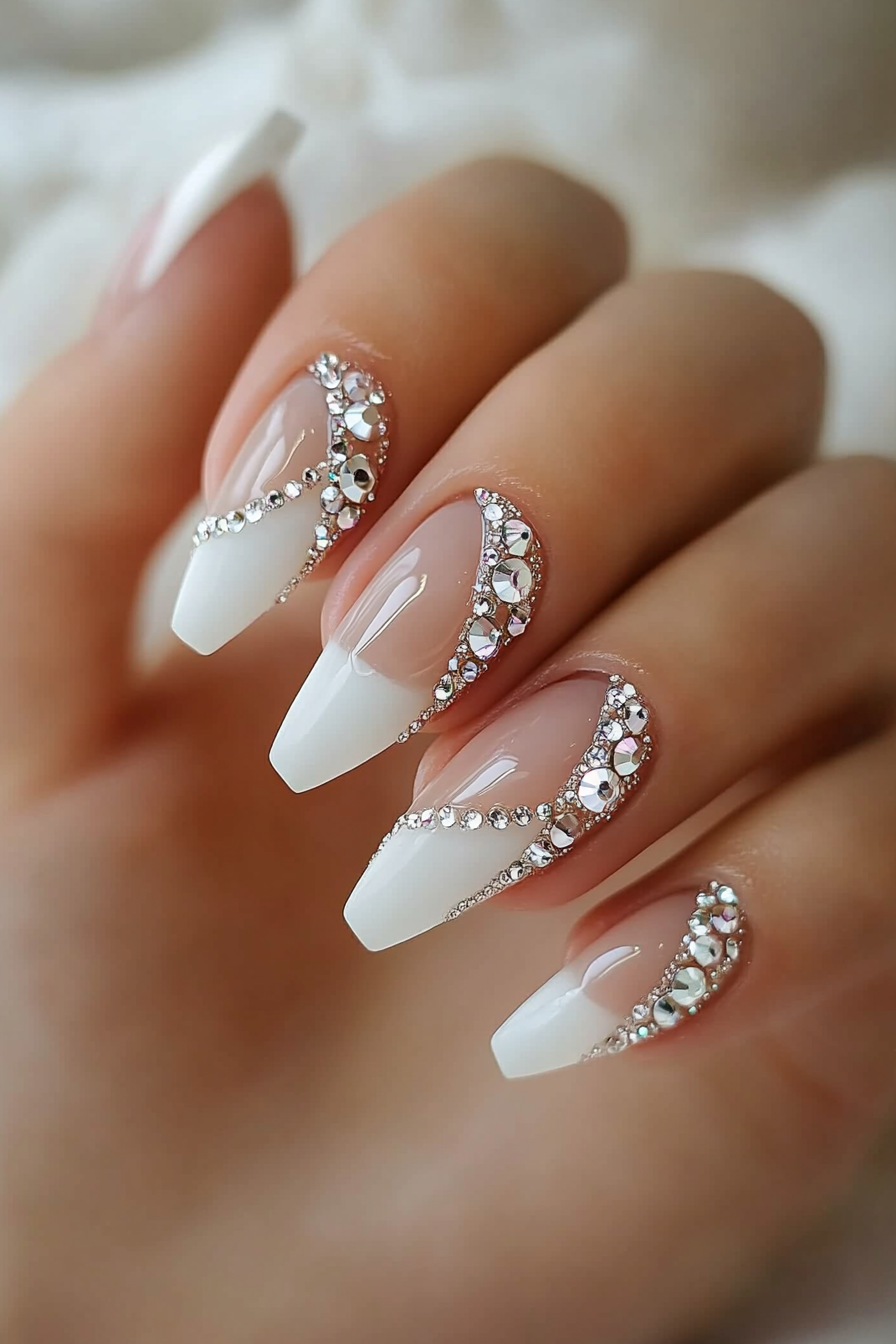 21. Rhinestone-Embellished White Tips (White Tip Nail Design Ideas) - White Tip Nail Design Ideas