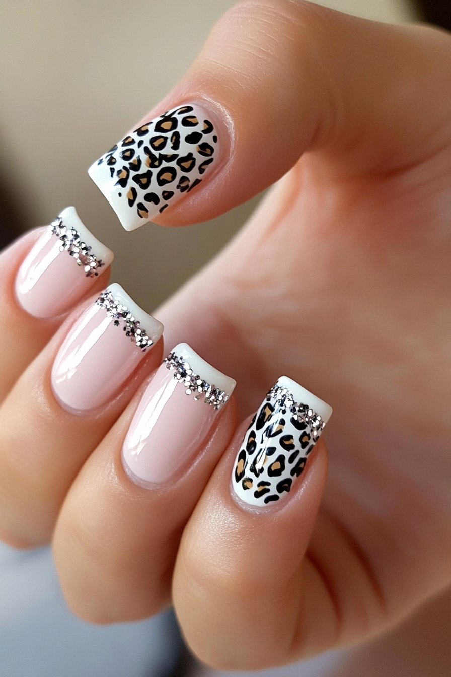 24. White Tips with Animal Print Accents (White Tip Nail Design Ideas) - White Tip Nail Design Ideas