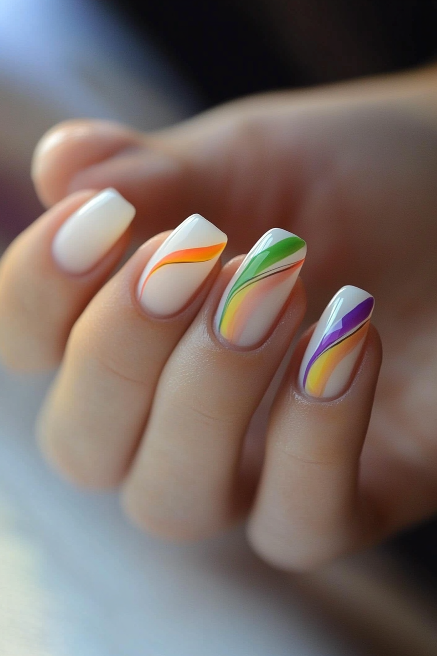 27. Rainbow Outlined White Tips (White Tip Nail Design Ideas) - White Tip Nail Design Ideas