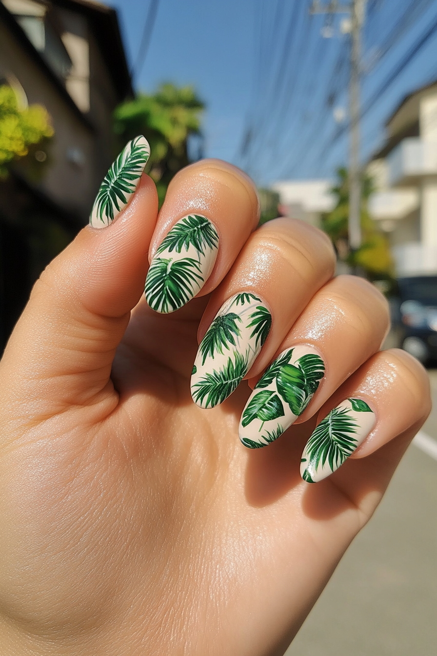11. Palm Leaves (Beach Nail Design Ideas) - Beach Nail Design Ideas