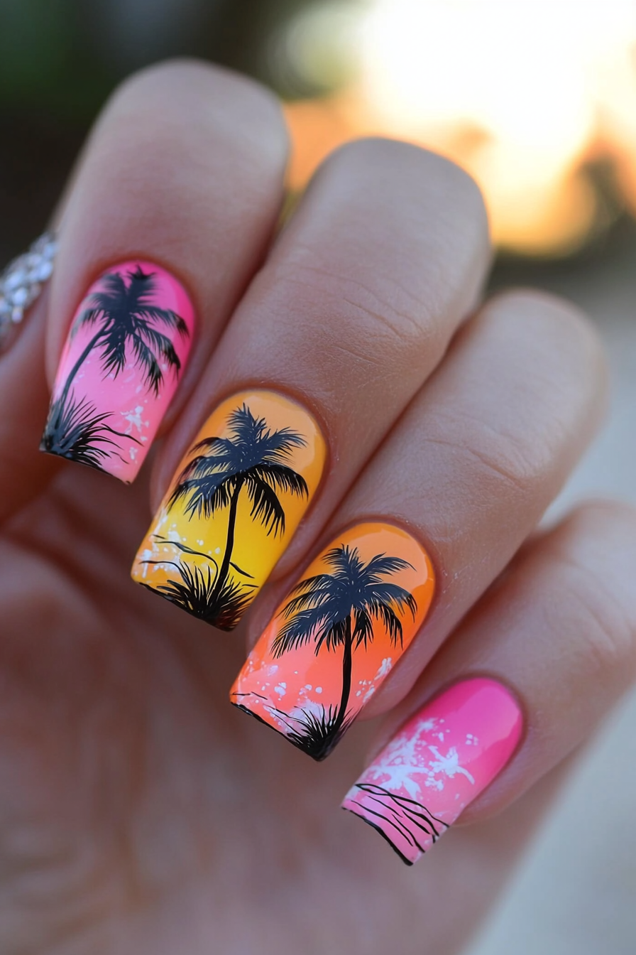 17. Sunset Palm Silhouettes (Beach Nail Design Ideas) - Beach Nail Design Ideas