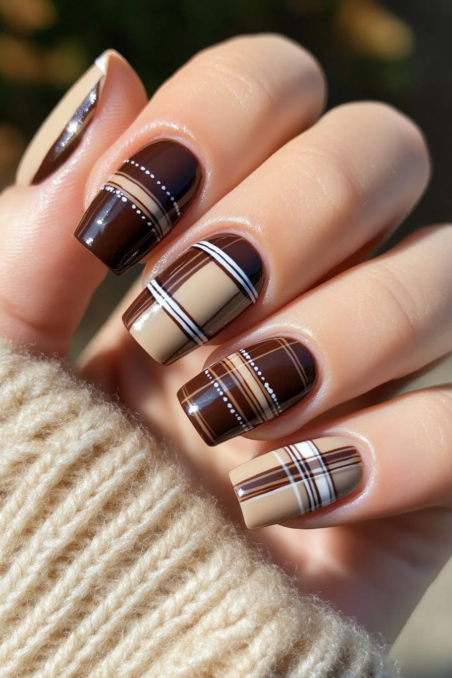 17. Rustic Plaid (Brown Nail Design Ideas) - Brown Nail Design Ideas