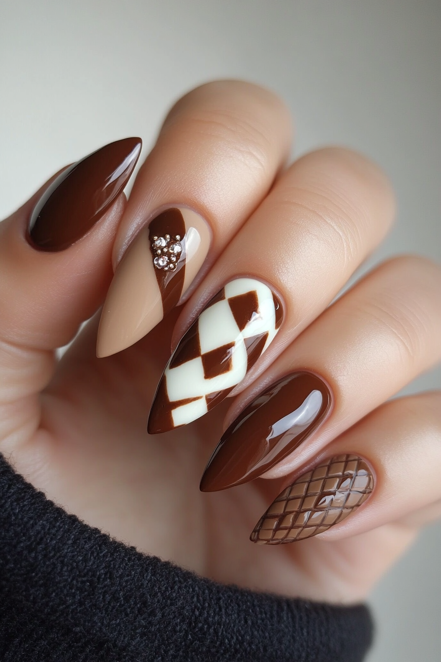 23. Chocolate Checkerboard (Brown Nail Design Ideas) - Brown Nail Design Ideas