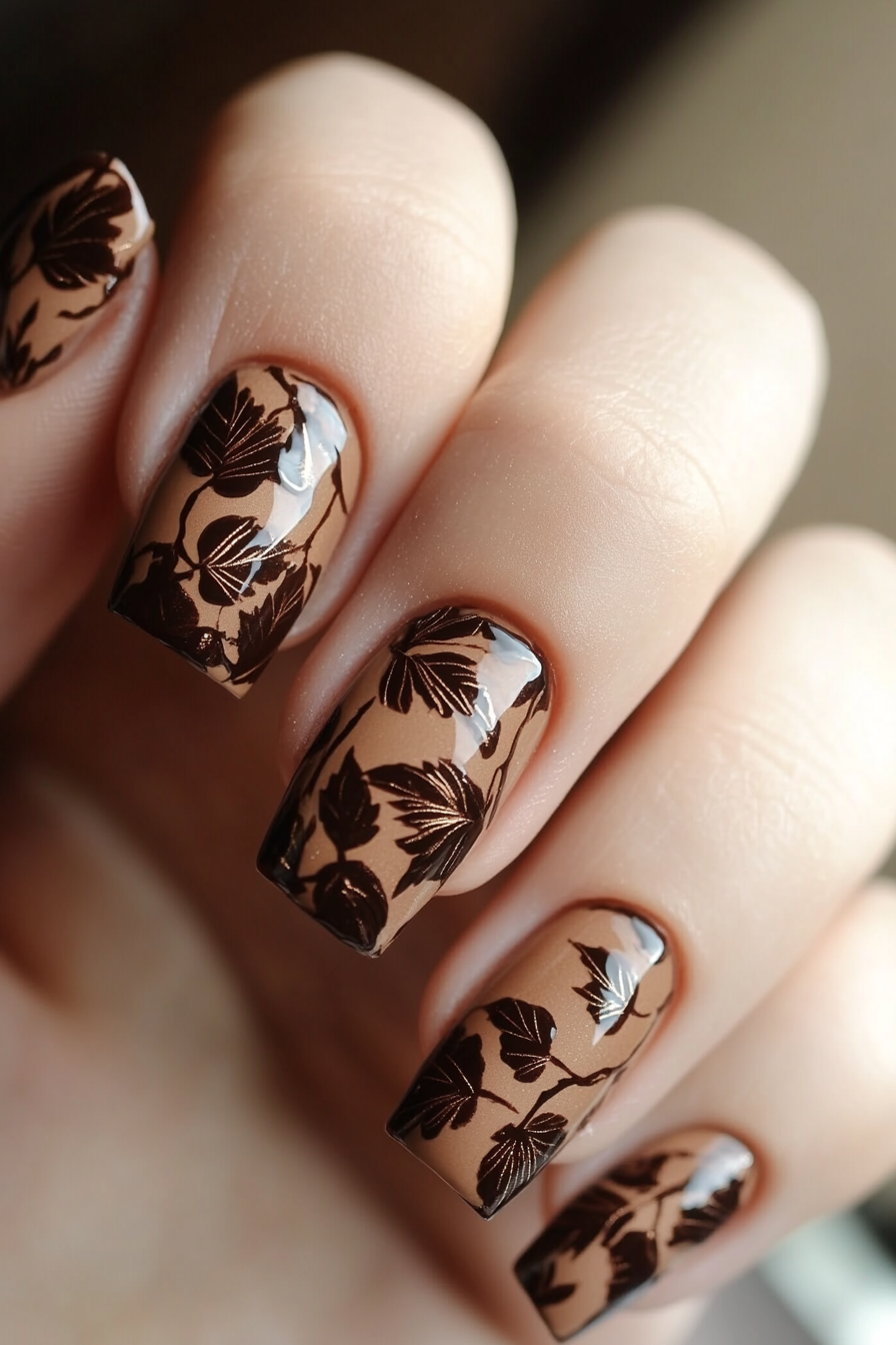 25. Bronze Leaf Art (Brown Nail Design Ideas) - Brown Nail Design Ideas