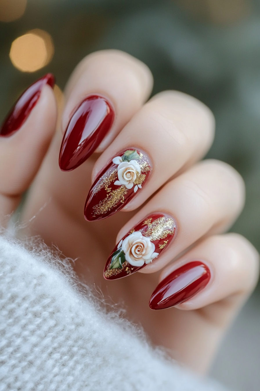 22. Winter Rose (Holiday Nail Design Ideas) - Holiday Nail Design Ideas