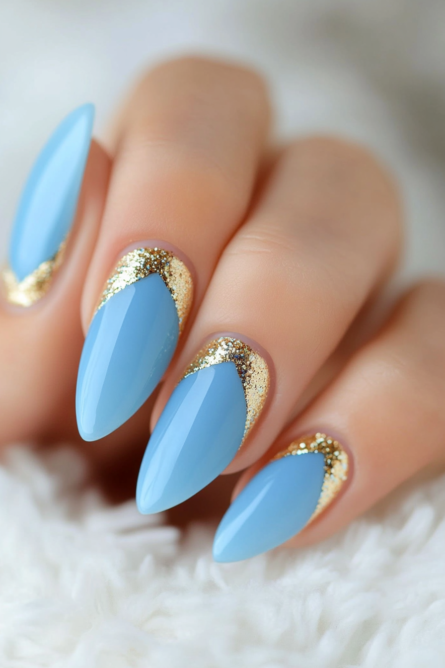 5. Subtle Blue and Gold Glitter Tips (Light Blue Nail Design Ideas) - Light Blue Nail Design Ideas