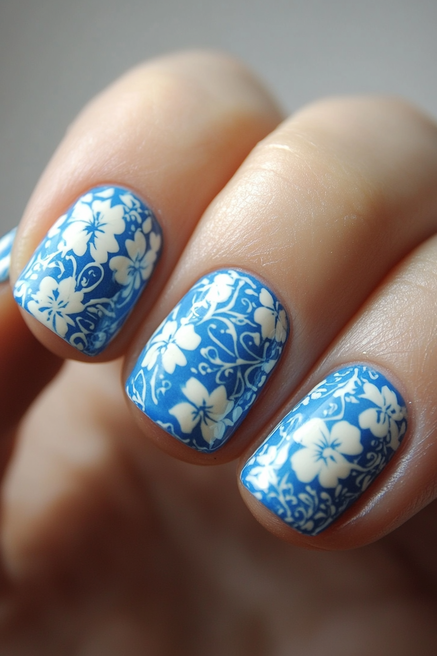 6. Blue and White Floral Stamping (Light Blue Nail Design Ideas) - Light Blue Nail Design Ideas