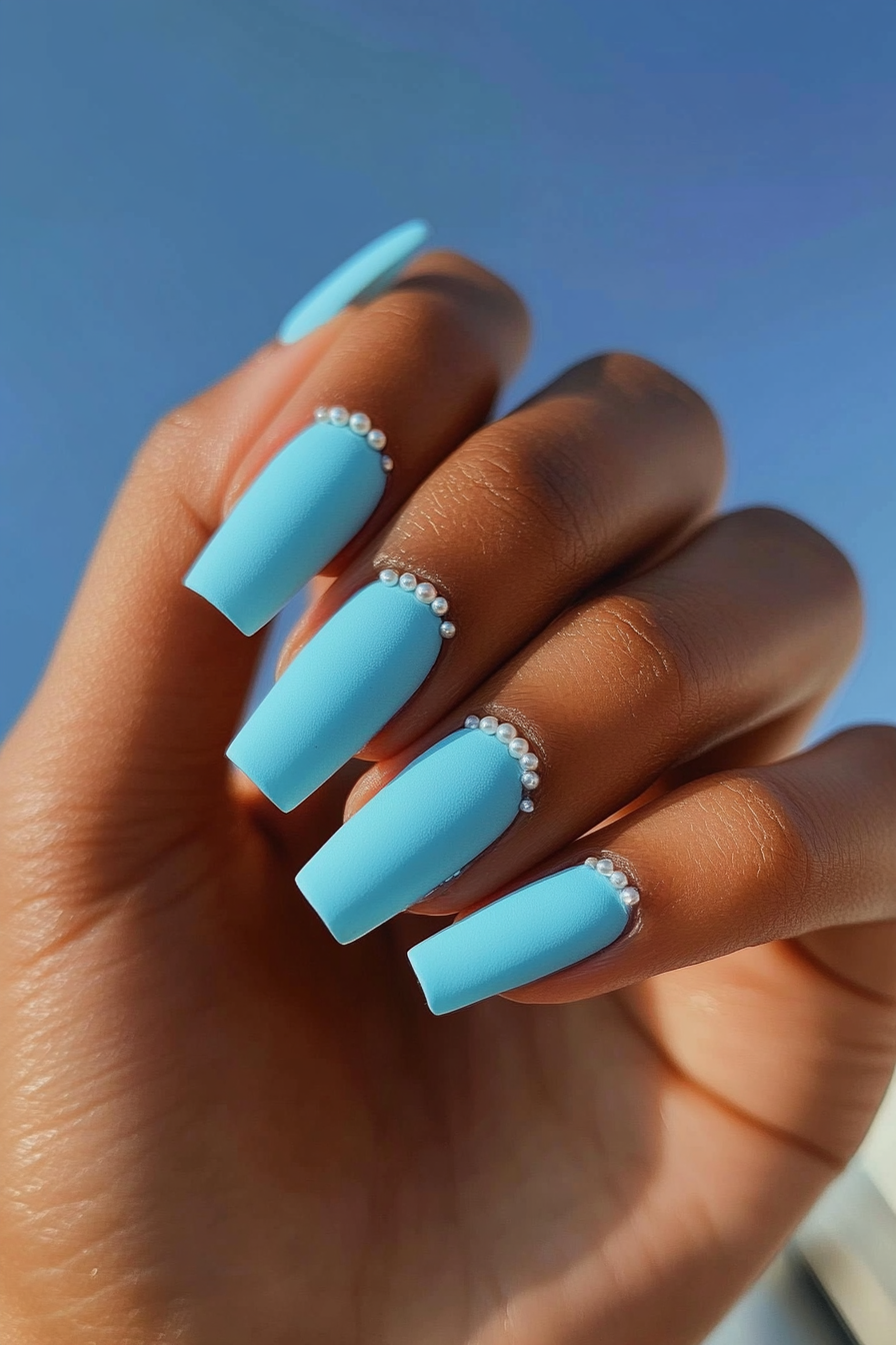 9. Matte Blue with Pearls (Light Blue Nail Design Ideas) - Light Blue Nail Design Ideas