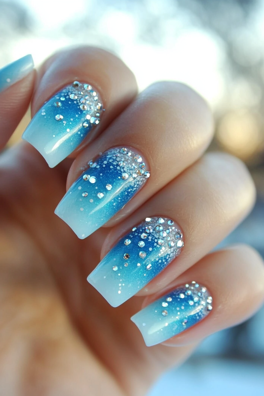11. Blue Gradient with Silver Rhinestones (Light Blue Nail Design Ideas) - Light Blue Nail Design Ideas